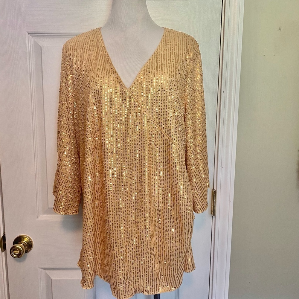 Gold Sequin 3/4 Sleeve V-Neck Top Glitter and Glam